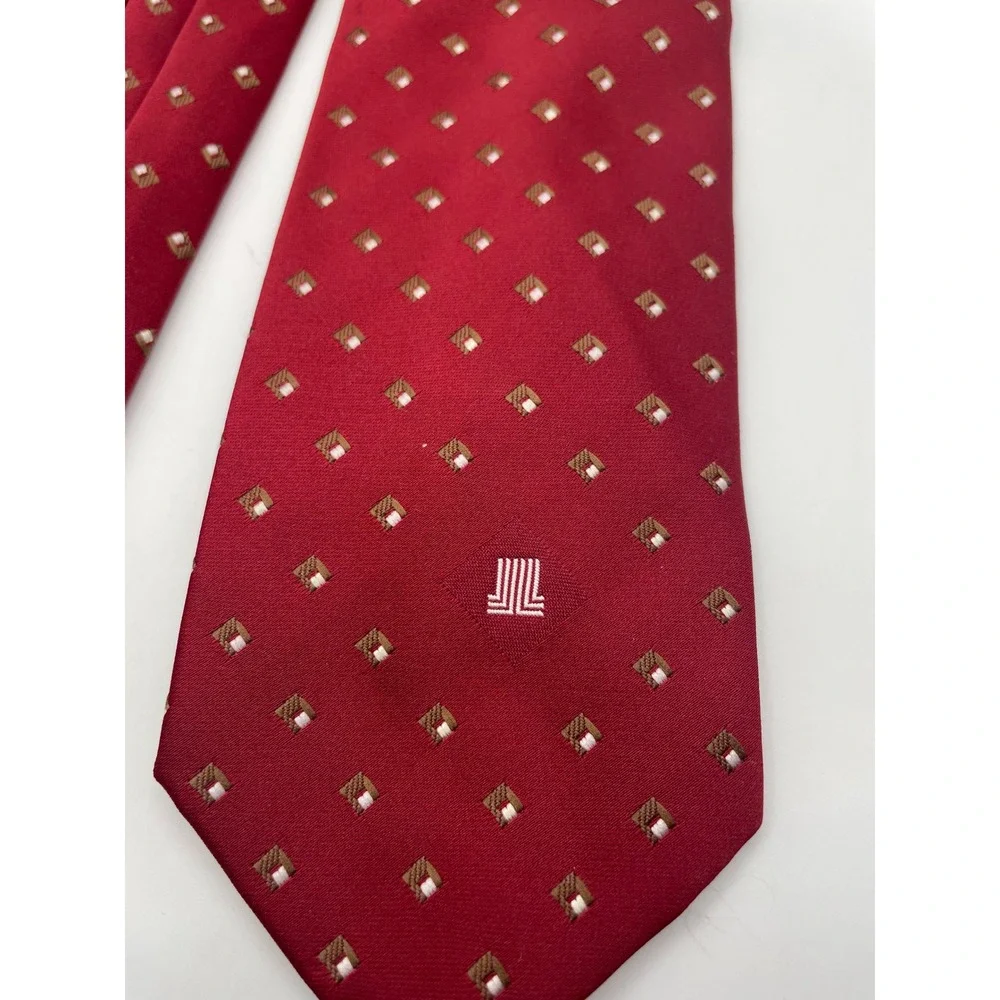 Lanvin Paris New York Men Silk Tie Burgundy Red Geometric Square Pattern JL Logo